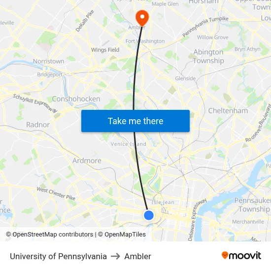 University of Pennsylvania to Ambler map