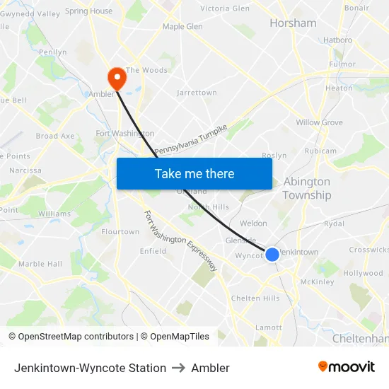 Jenkintown-Wyncote Station to Ambler map