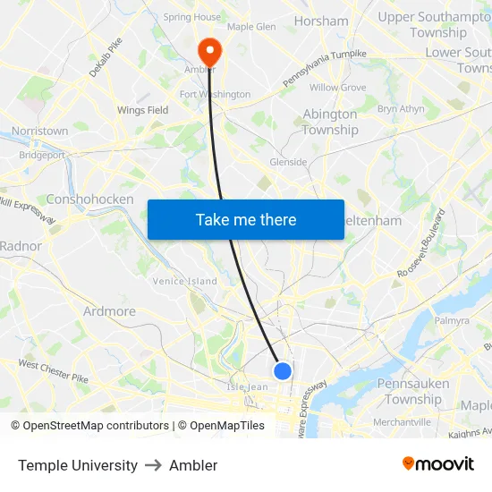 Temple University to Ambler map