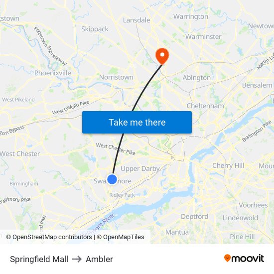 Springfield Mall to Ambler map
