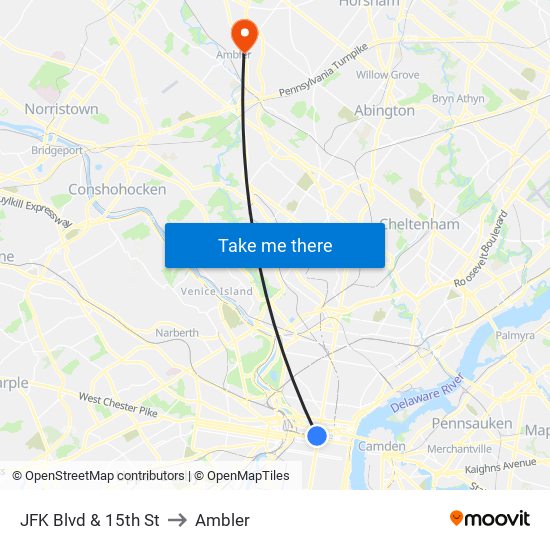 JFK Blvd & 15th St to Ambler map