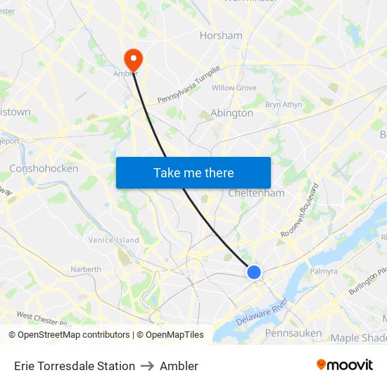 Erie Torresdale Station to Ambler map