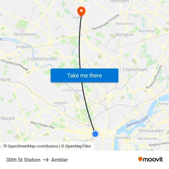 30th St Station to Ambler map