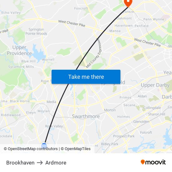 Brookhaven to Ardmore map