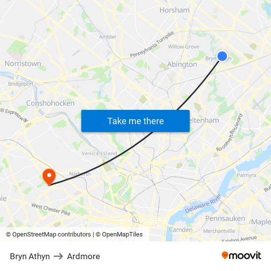 Bryn Athyn to Ardmore map