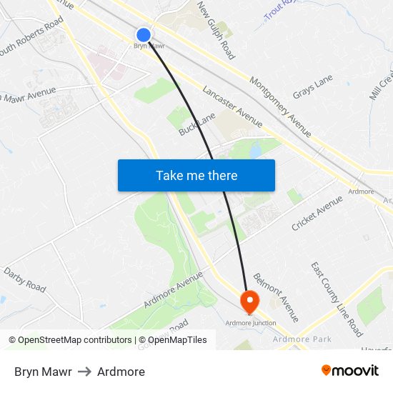 Bryn Mawr to Ardmore map