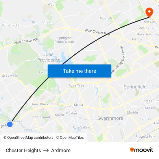 Chester Heights to Ardmore map