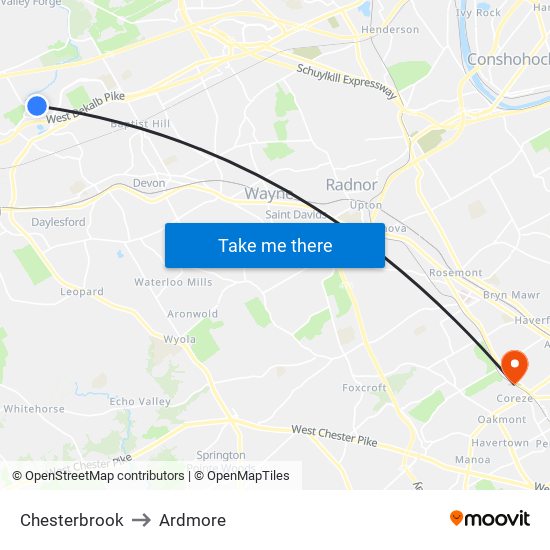 Chesterbrook to Ardmore map