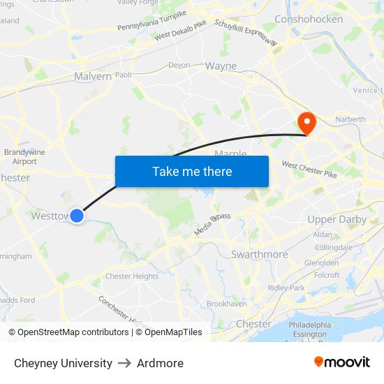 Cheyney University to Ardmore map