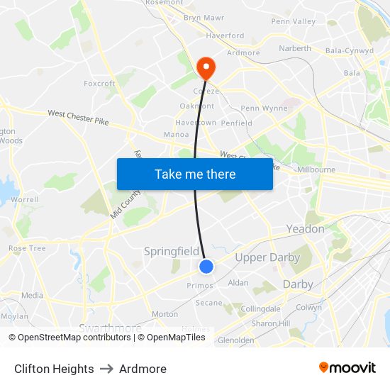 Clifton Heights to Ardmore map