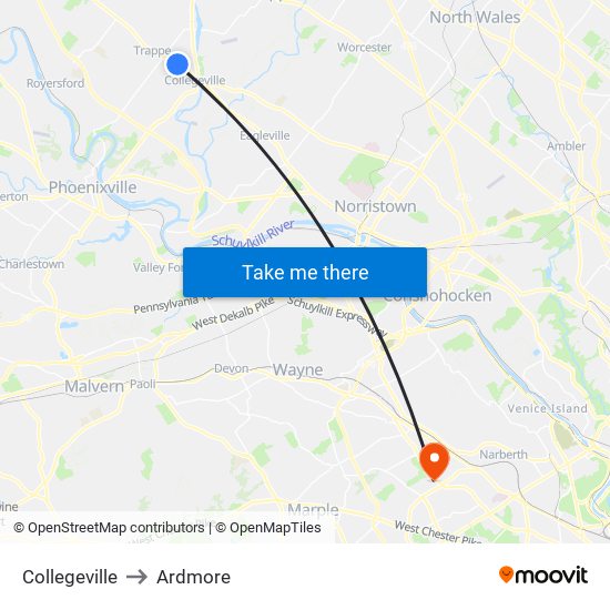 Collegeville to Ardmore map