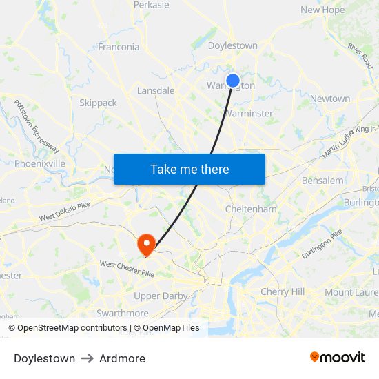 Doylestown to Ardmore map