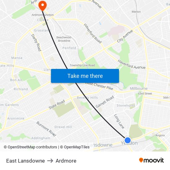 East Lansdowne to Ardmore map