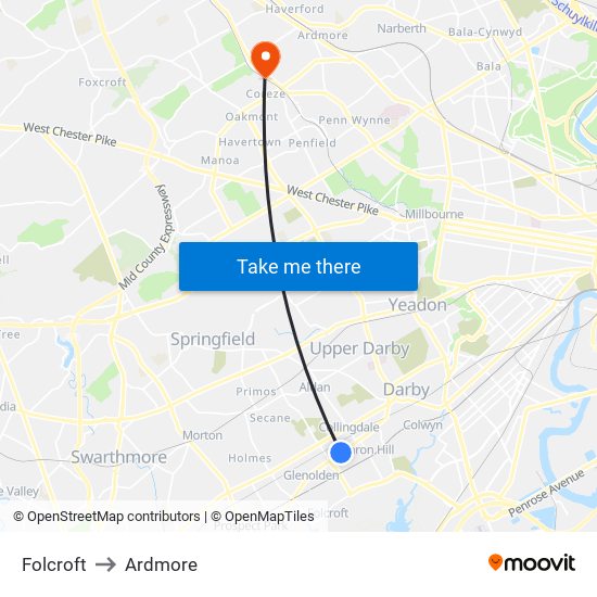 Folcroft to Ardmore map