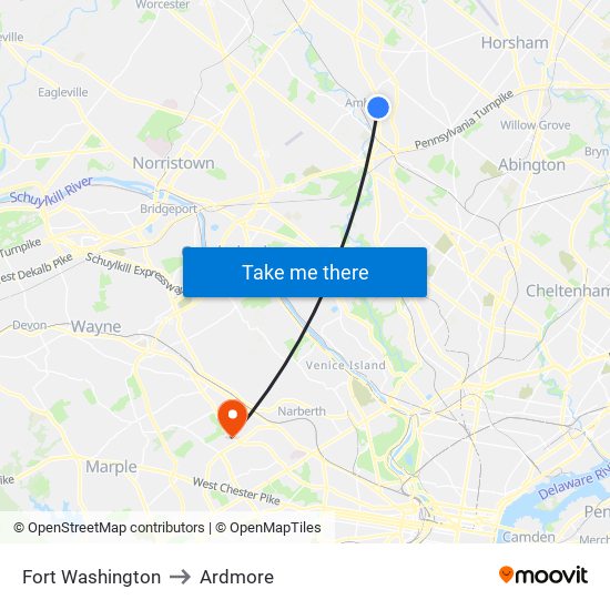 Fort Washington to Ardmore map