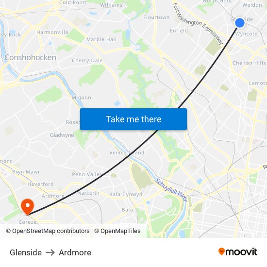 Glenside to Ardmore map