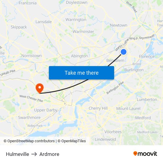 Hulmeville to Ardmore map