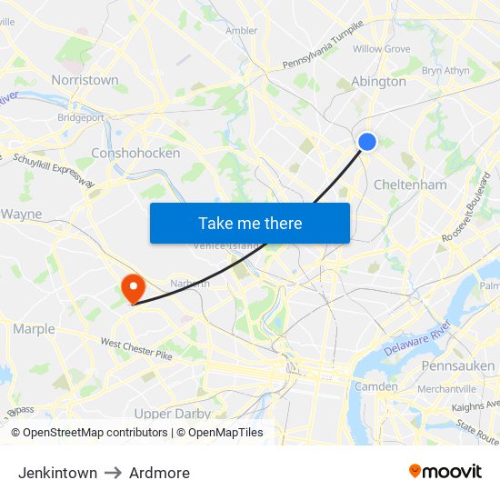 Jenkintown to Ardmore map