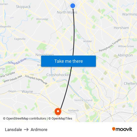 Lansdale to Ardmore map