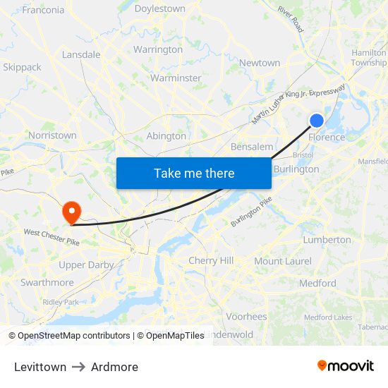 Levittown to Ardmore map