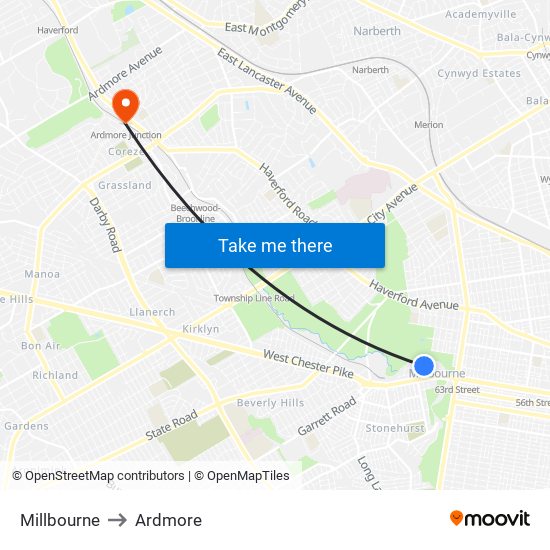 Millbourne to Ardmore map