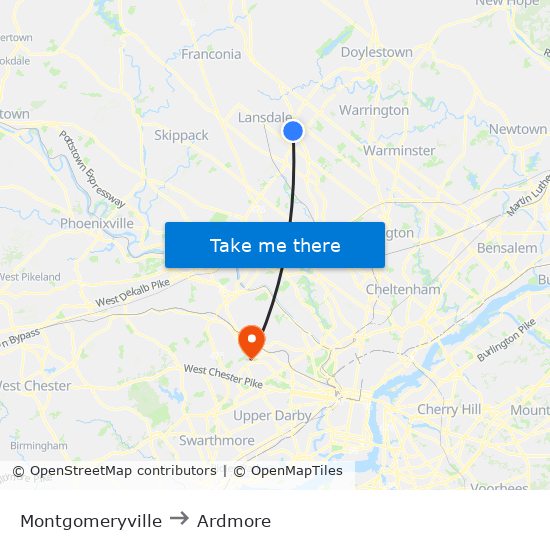 Montgomeryville to Ardmore map
