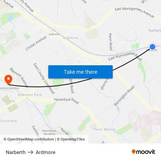 Narberth to Ardmore map