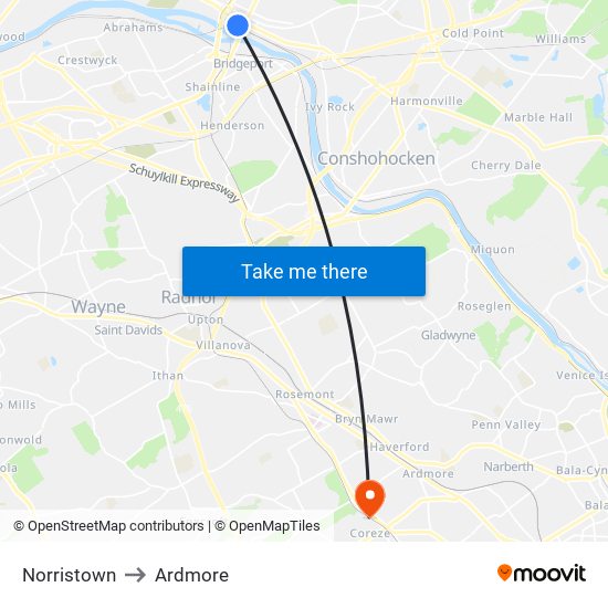 Norristown to Ardmore map