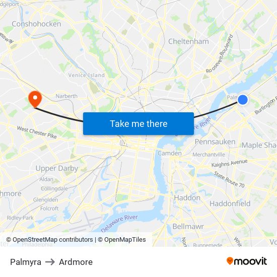 Palmyra to Ardmore map