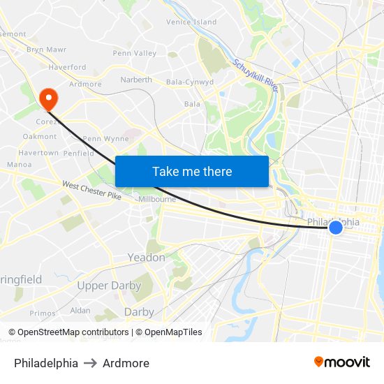 Philadelphia to Ardmore map