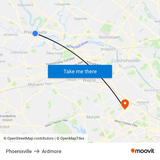 Phoenixville to Ardmore map