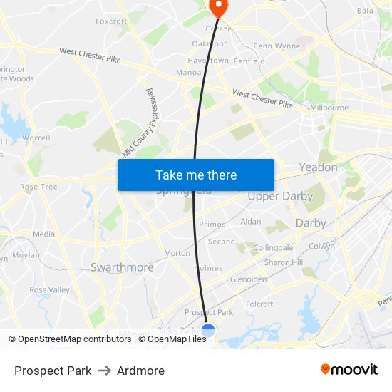 Prospect Park to Ardmore map