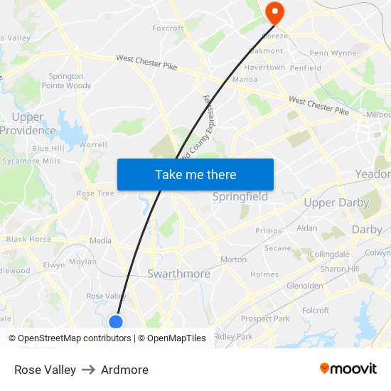 Rose Valley to Ardmore map