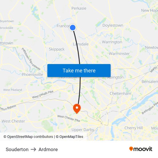 Souderton to Ardmore map
