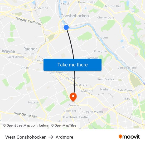 West Conshohocken to Ardmore map