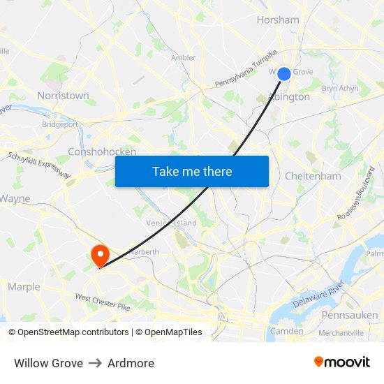 Willow Grove to Ardmore map