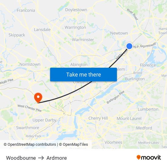 Woodbourne to Ardmore map