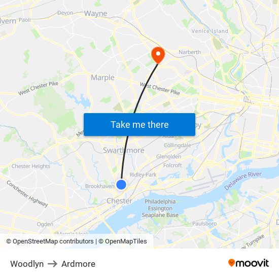 Woodlyn to Ardmore map