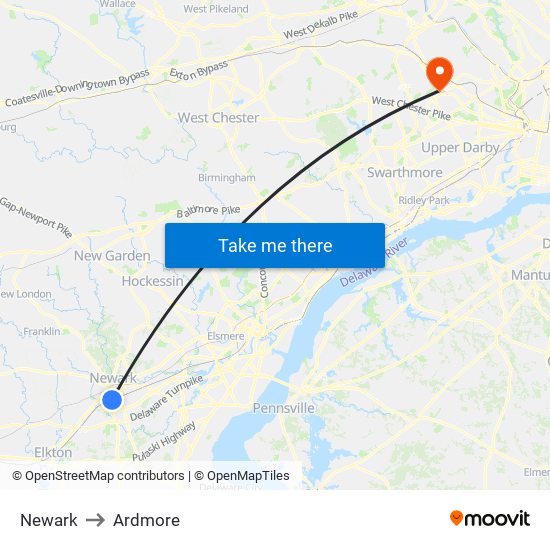 Newark to Ardmore map