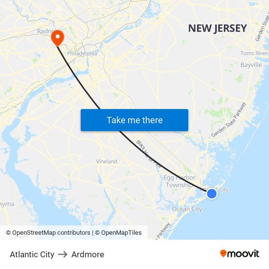 Atlantic City to Ardmore map