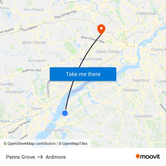 Penns Grove to Ardmore map