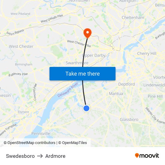 Swedesboro to Ardmore map