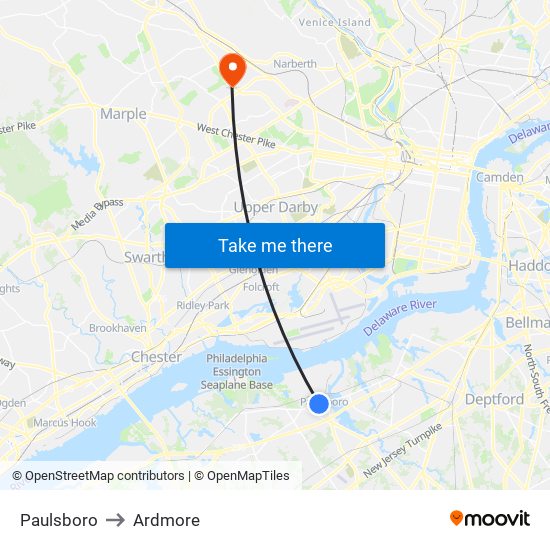 Paulsboro to Ardmore map