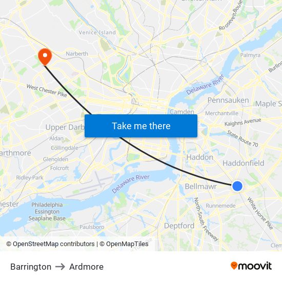 Barrington to Ardmore map