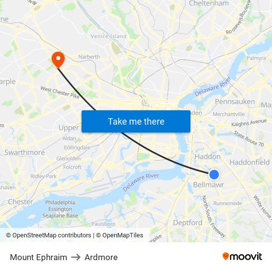 Mount Ephraim to Ardmore map