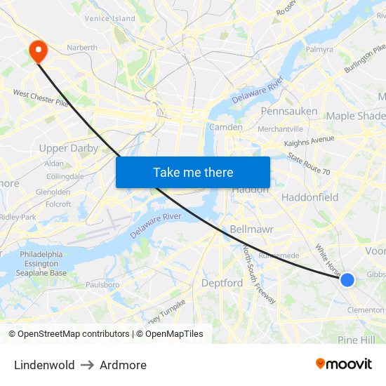 Lindenwold to Ardmore map