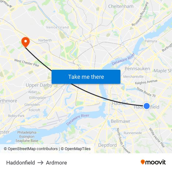 Haddonfield to Ardmore map