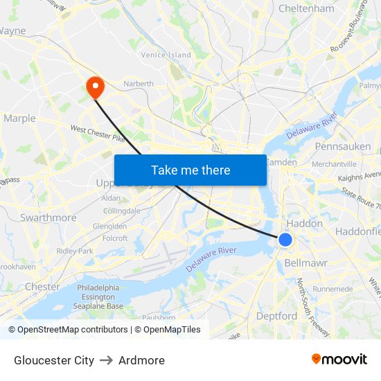 Gloucester City to Ardmore map