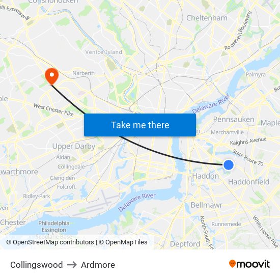 Collingswood to Ardmore map