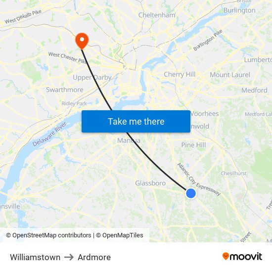 Williamstown to Ardmore map